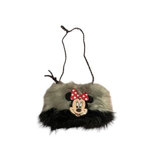 Disney Minnie Mouse Handbag Crossbody Gray Black Faux Fur‎ Zip Strap 2018